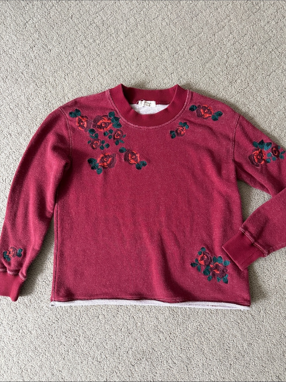 Madewell Rose-Embroidered Raspberry Crewneck Sweatshirt